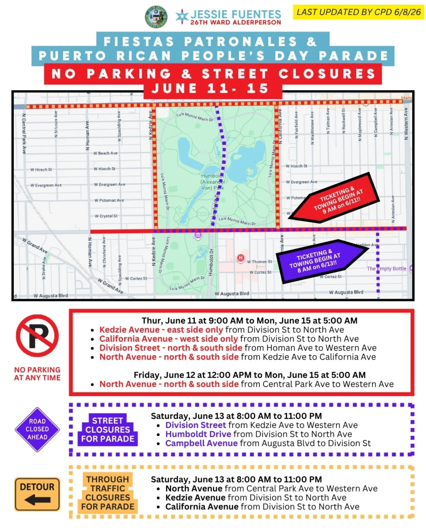 🚨🎉 Move your car and celebrate.

Street closures and no parking zones are in effect June 11 through 15 for the Puerto Rican People's Day Parade. 

Ticketing and towing start as early as 9 AM on 6/11. 

Swipe for the full map and closure details, th
