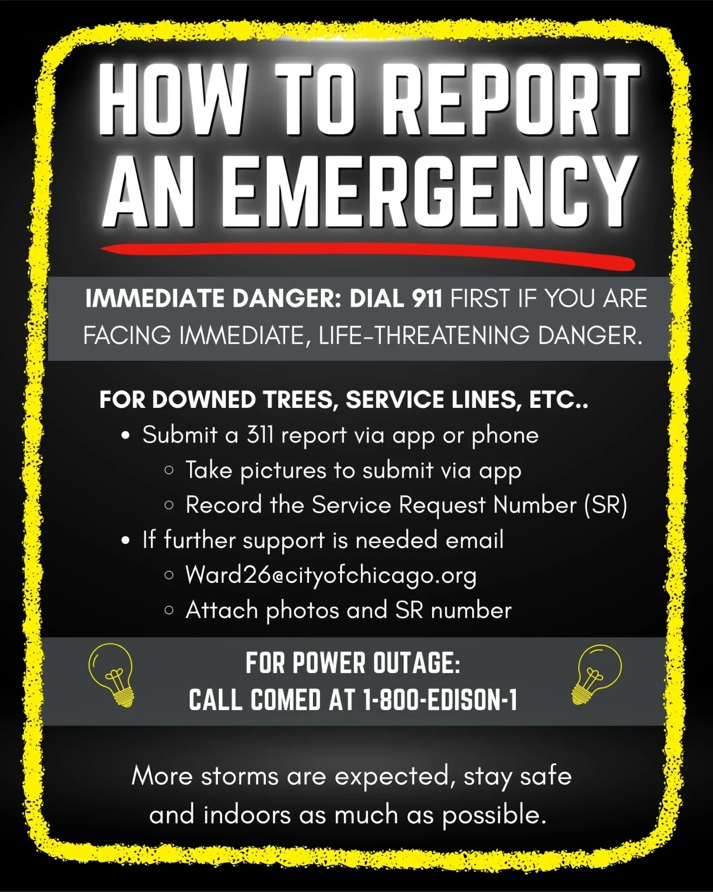 This storm has made some serious damage in the ward. Here's how to report emergencies: 

If you're in immediate, life threatening danger, call 911 first. Always.
For downed trees, branches, or service lines:
📲 Submit a 311 report by app or phone
📸 