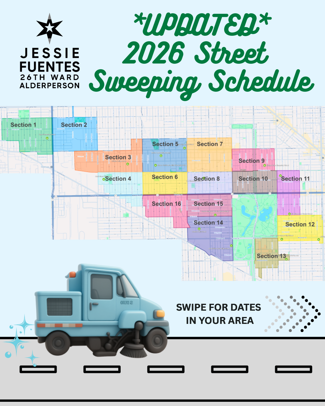 Map of street sweeping schedule for 2026, with numbered sections of the area and a street sweeping vehicle at the bottom, and the text '*Updated* 2026 Street Sweeping Schedule' at the top.