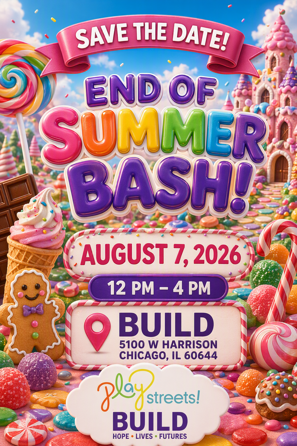 Colorful candy-themed event poster with a pink castle, ice cream, a gingerbread cookie, and candy canes, advertising a 'Save the Date' end of summer bash party.