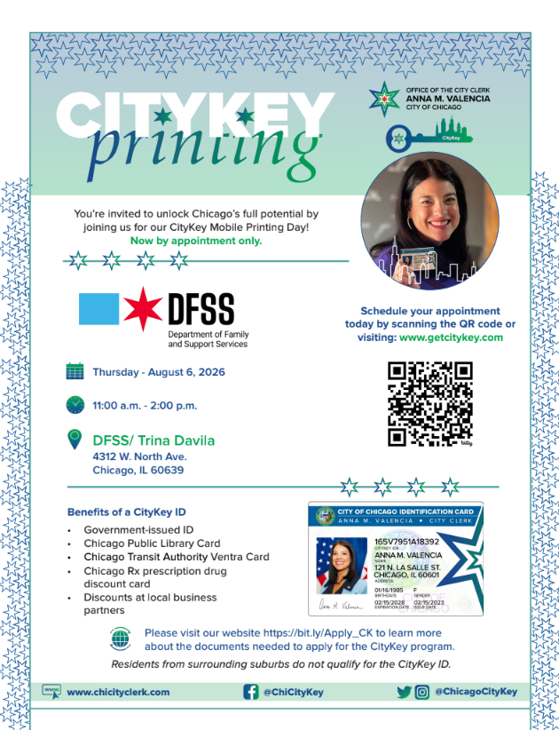 A CityKey printing event flyer from the Office of the City Clerk of Chicago, inviting residents to schedule appointments for CityKey ID card printing on August 6, 2026, from 11:00 a.m. to 2:00 p.m. at 4312 W. North Ave., Chicago, IL. The flyer features a photo of a smiling woman, a QR code for scheduling, a sample CityKey ID card, and information about benefits of a CityKey ID.