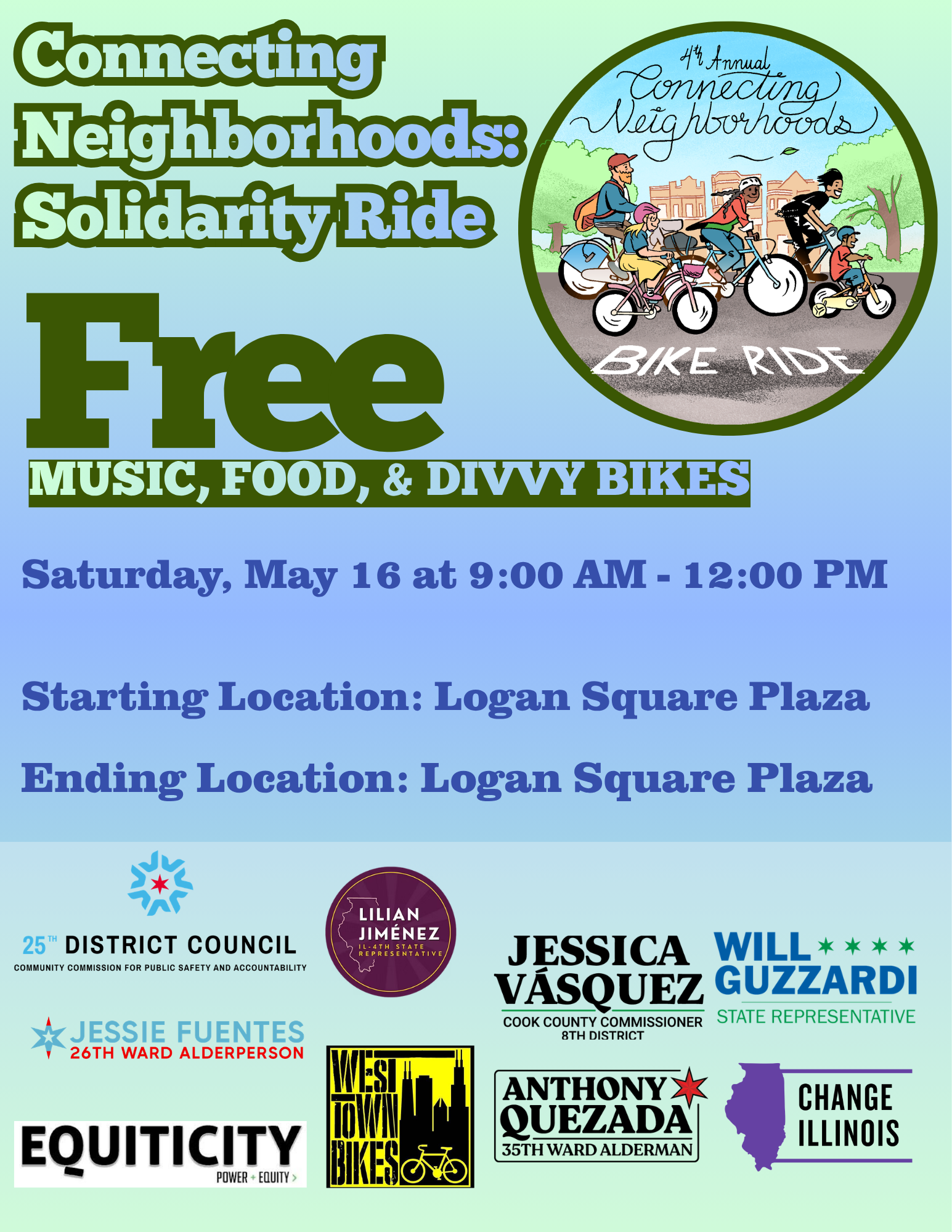 Colorful graphic promoting a community event called Connecting Neighborhoods: Solidarity Ride, featuring an illustration of diverse people biking in a park, with event details and logos of sponsors including local officials and organizations.