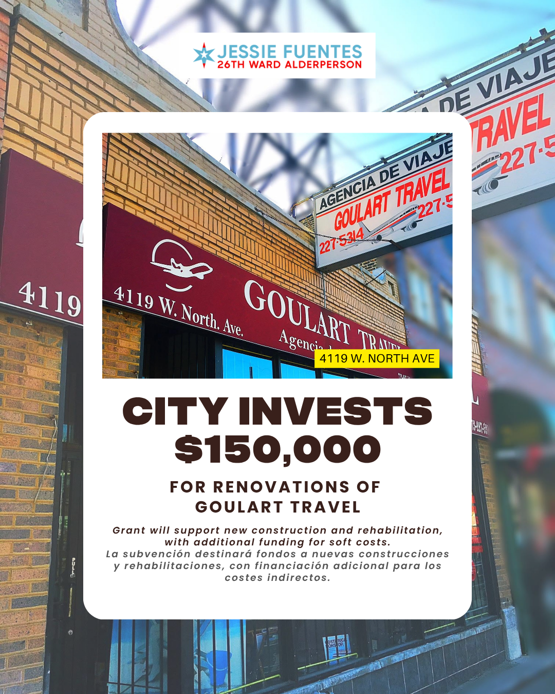 Poster announcing $150,000 city investment for renovations of Goulart Travel at 4119 W. North Ave, with a photograph of the business storefront and a sign for Goulart Travel