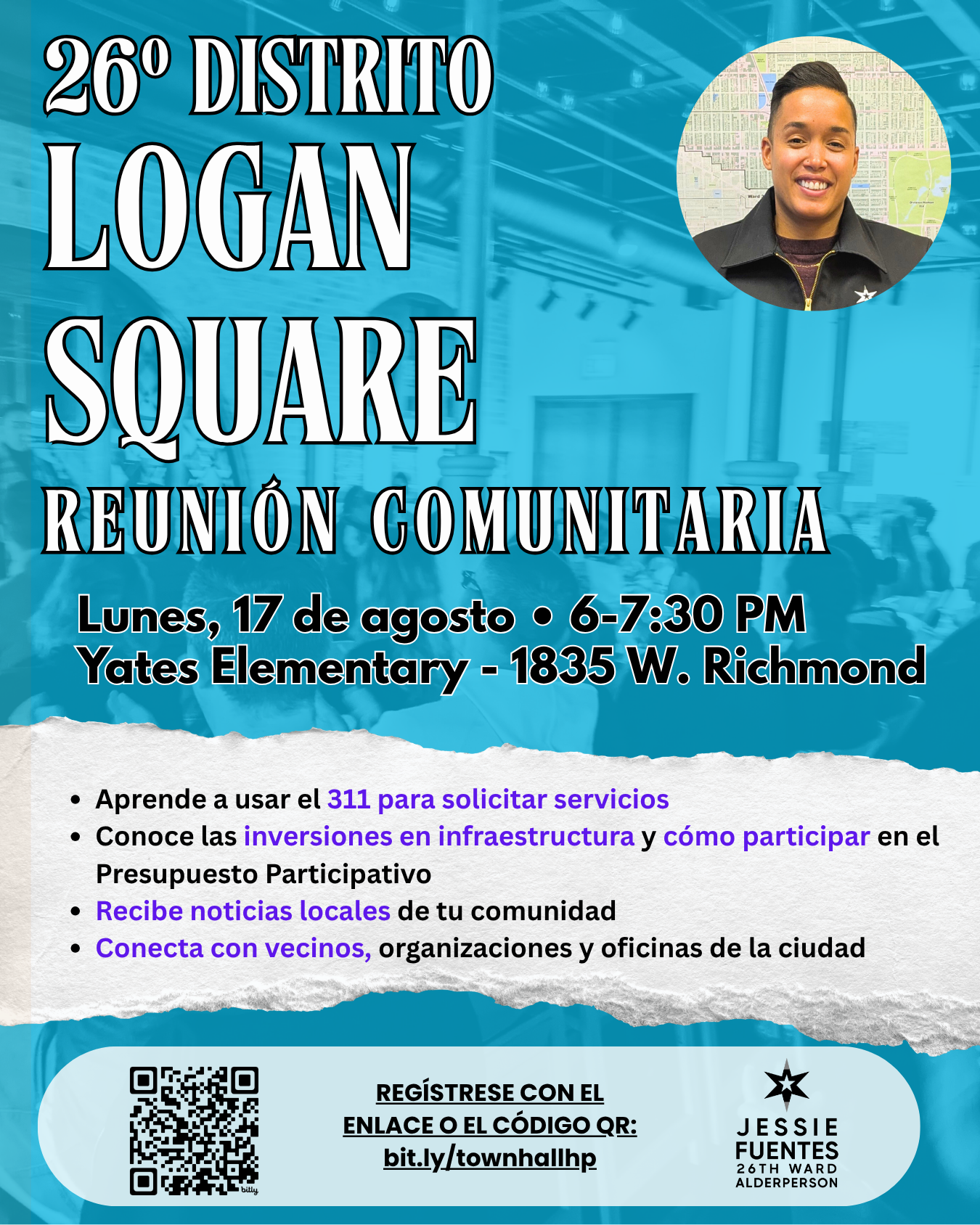 Flyer for a community meeting at Yates Elementary School located at 1835 W. Richmond on August 17 from 6 to 7:30 PM. The flyer includes a photo of a smiling person, a map in the background, and informational text in Spanish about the event and how to participate.