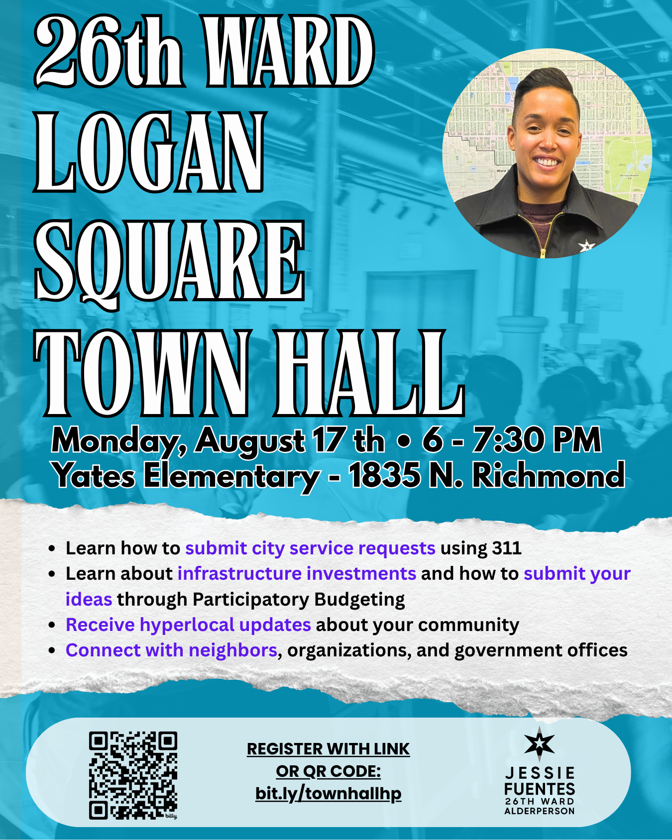 Flyer for 26th Ward Logan Square Town Hall with event details and a photo of Jesse Fuentes.