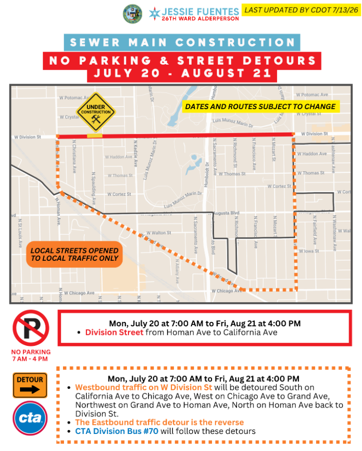 Map showing sewer main construction detours from July 20 to August 21, with no parking and street detours, including diversion from Homan Avenue to California Avenue, westbound traffic on W Division Street detoured south on California to Chicago Avenue, and the eastbound traffic detour reversing. The map includes labels for streets and traffic routes, along with scheduled dates and times for construction and detours.