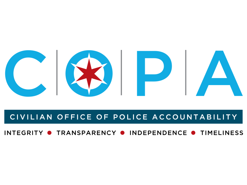 Logo for the Civilian Office of Police Accountability (COPA) with the acronym in large blue letters and a compass icon in the letter O. Beneath, a dark blue banner reads 'CIVILIAN OFFICE OF POLICE ACCOUNTABILITY,' with words 'INTEGRITY, TRANSPARENCY, INDEPENDENCE, TIMELINESS' listed below with red dots separating them.