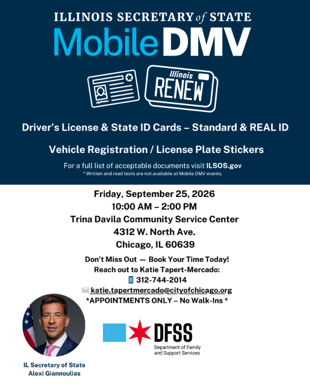 Flyer for Illinois Secretary of State Mobile DMV event, scheduled for September 25, 2026, at Trina Dayila Community Service Center in Chicago. Includes event details, contact information, and a photo of IL Secretary of State Alexi Giannoulias.