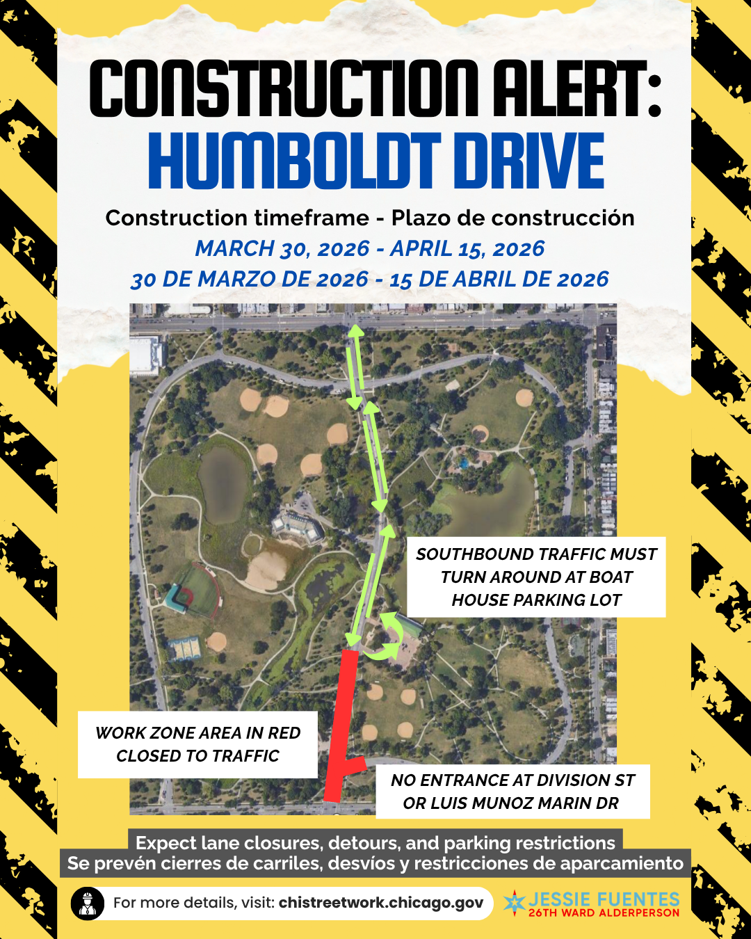 Map of construction zone on Humboldt Drive with lane closures, detours, and parking restrictions, including a work zone area in red, directional arrows, and signs indicating no entrance at Division Street or Luis Munoz Marin Drive.