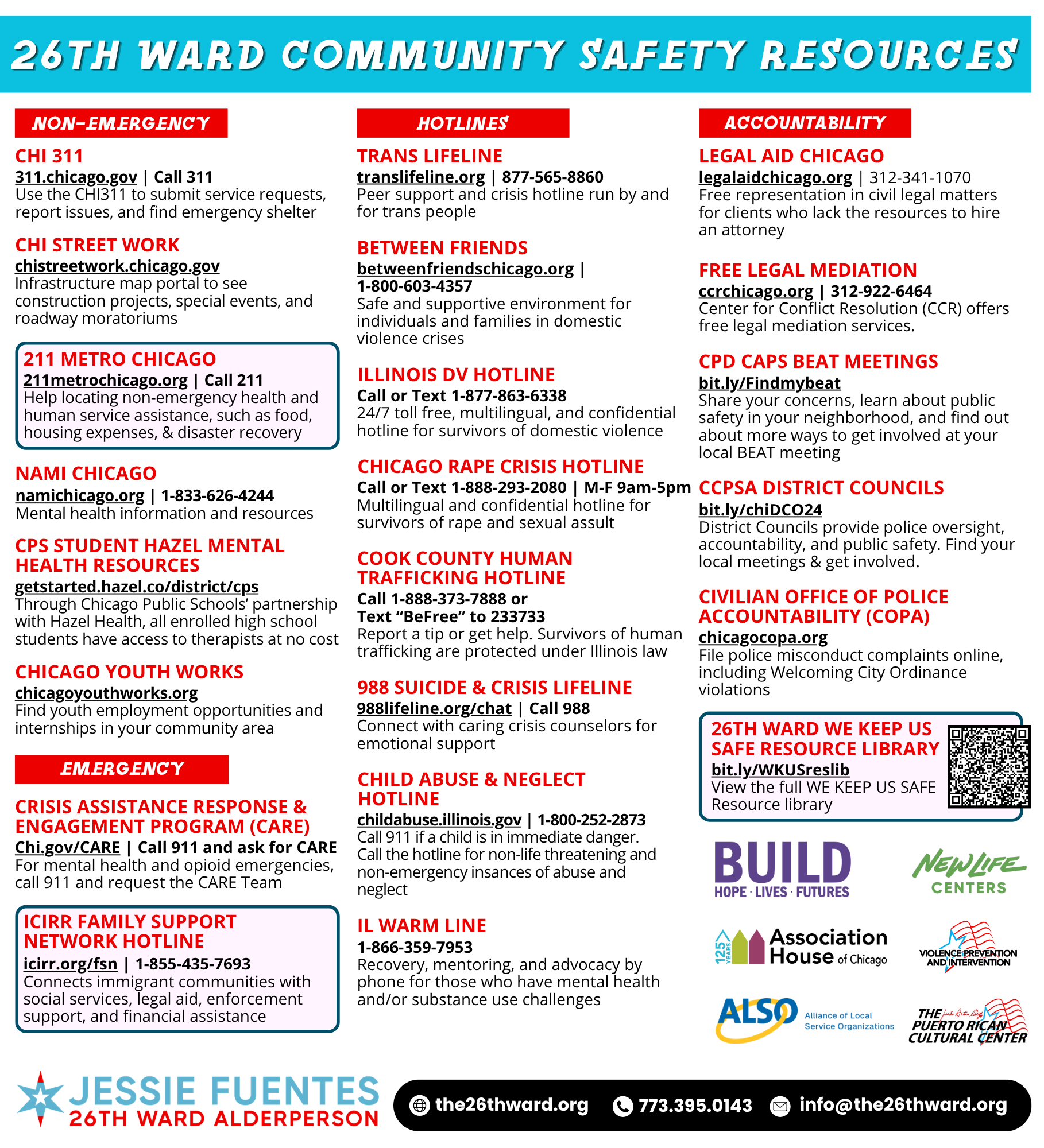 A community safety resource flyer for the 26th Ward, featuring hotlines, legal aid, mental health support, and emergency response contacts, with various colored sections and logos.