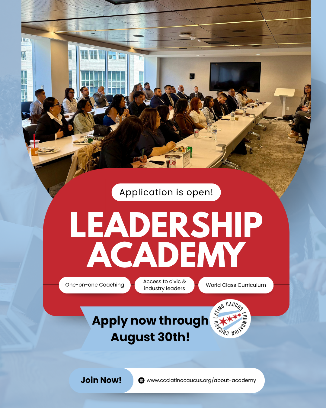 A promotional flyer for a Leadership Academy with a background photo of a conference room filled with diverse people attending a presentation.