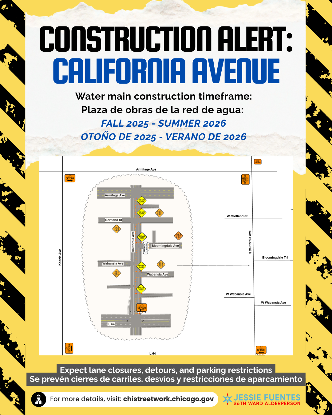Construction alert sign for California Avenue water main construction, showing a map with lanes closed and detours, scheduled from fall 2025 to summer 2026, bilingual in English and Spanish.