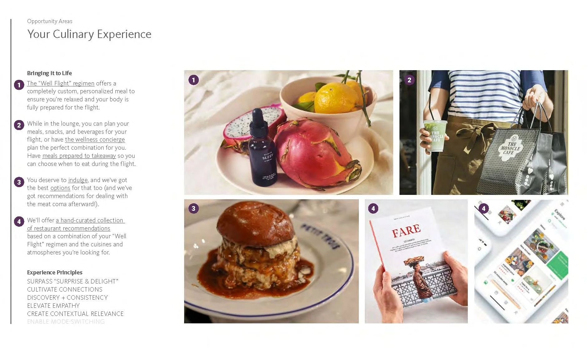 Opportunity areas offer a visual and content-rich understanding of how to differentiate a service offering (here, I suggested Delta add meaning to their luxury experience—many of these ideas are included in their 2023 offering)