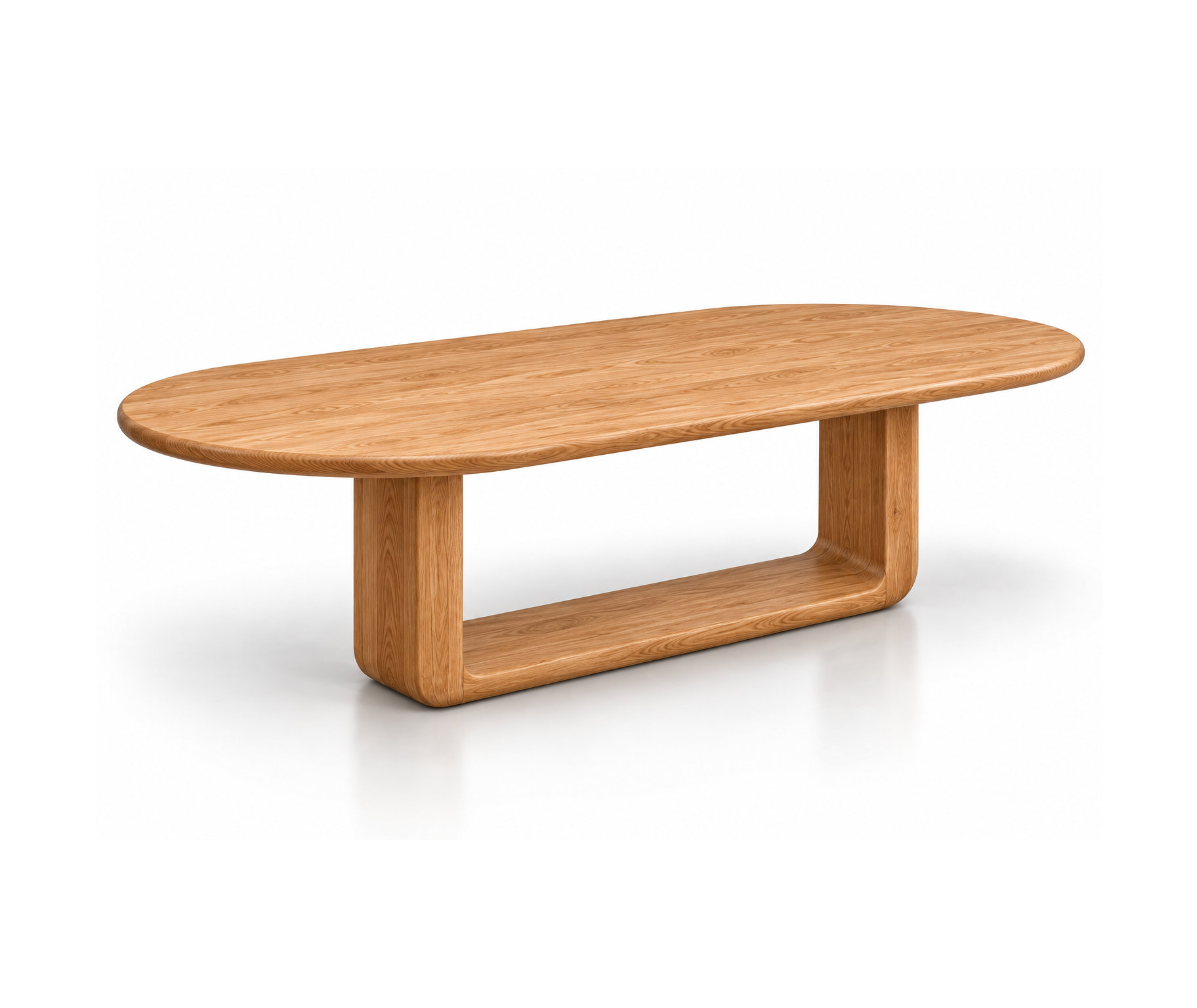 Elongated oval oak dining table with warm natural wood grain, softly rounded edges, and a sculptural open-frame pedestal base with smooth, curved corners.