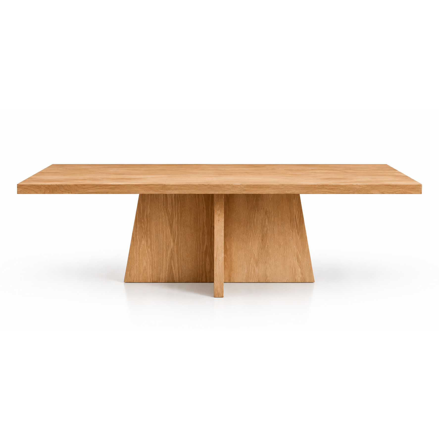 Rectangular oak dining table with warm natural wood grain, clean straight edges, and a sculptural pedestal base featuring angular, outward-flaring panels.