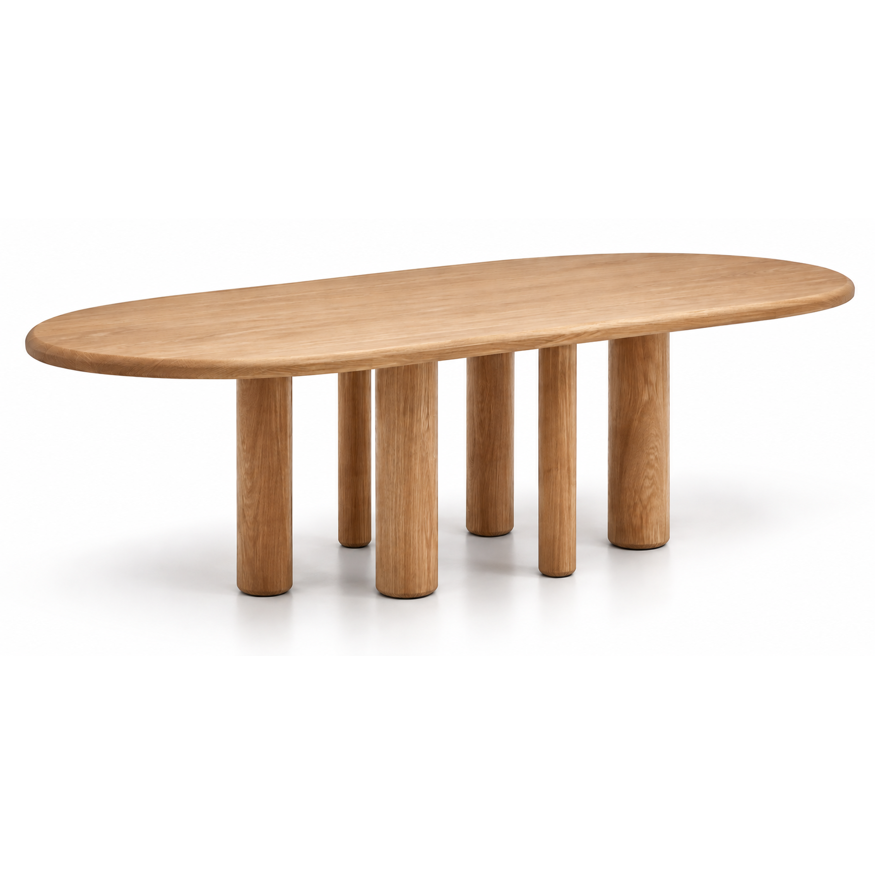 Modern oval oak dining table with a natural wood grain finish, softly rounded edges, and six sculptural cylindrical legs of varying thicknesses