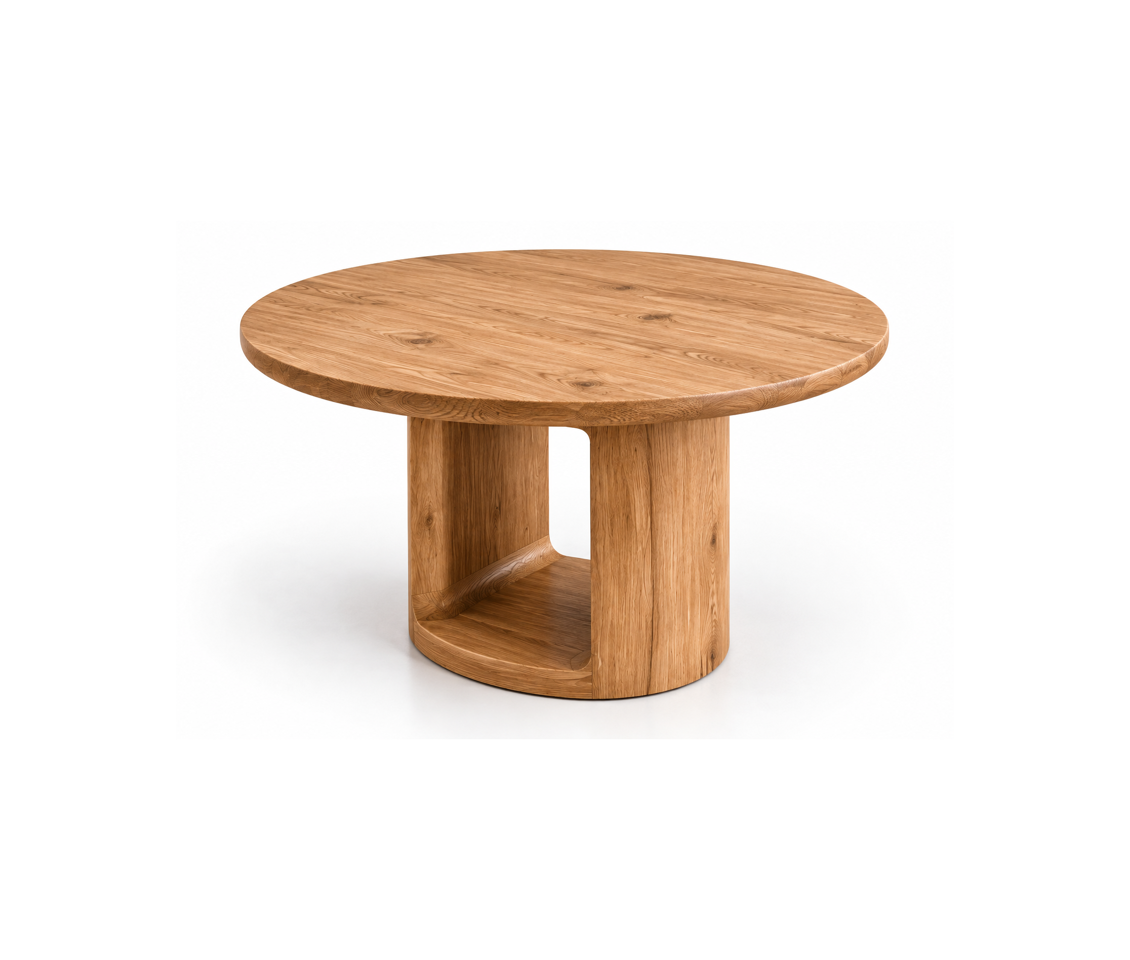 Round natural oak dining table with a warm wood grain finish, softly rounded edges, and a sculptural cylindrical pedestal base featuring an open curved cutout.