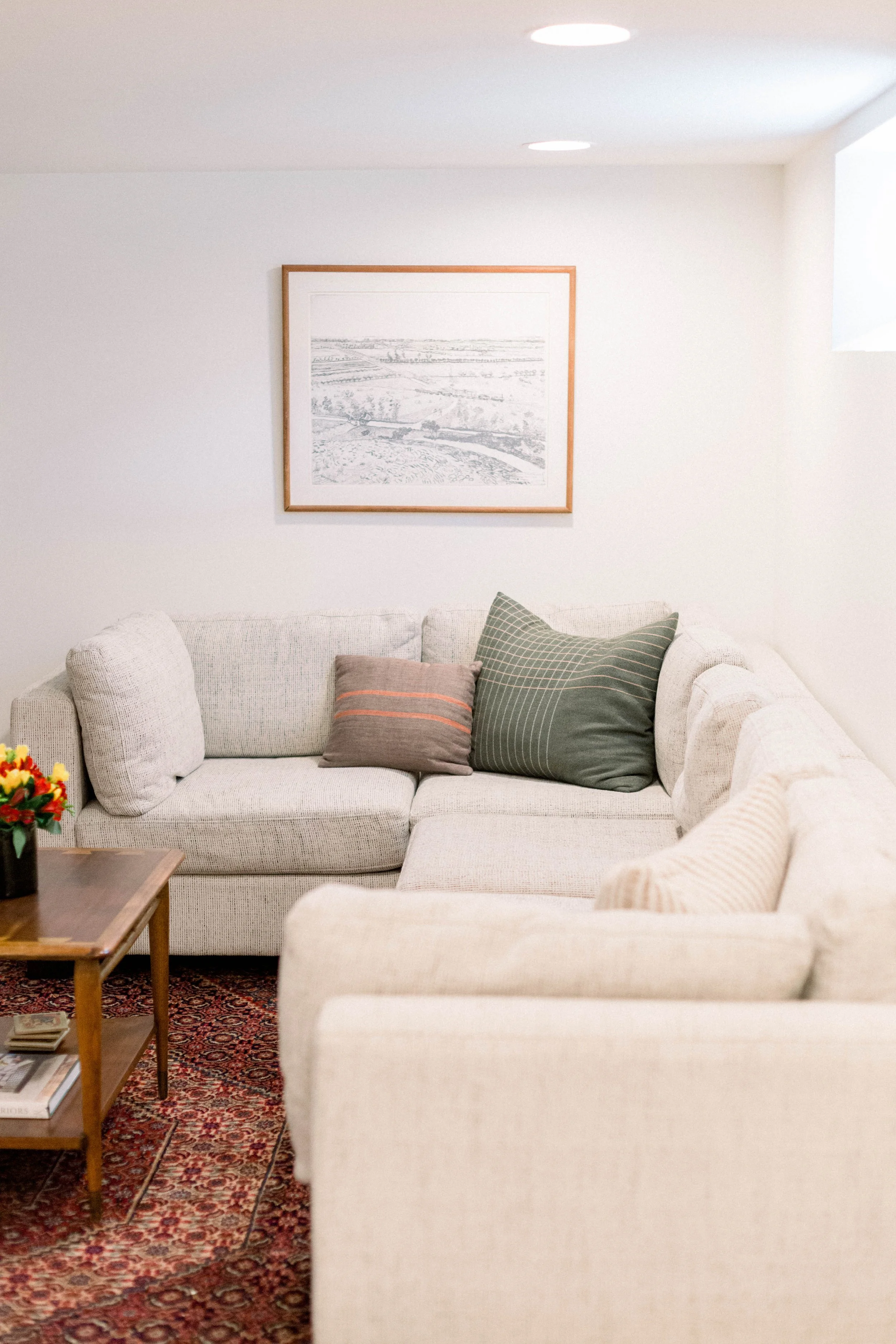 Living room with light-colored sofa, decorative pillows, a wooden coffee table with a plant and books, a framed picture on the wall, and a patterned rug.
