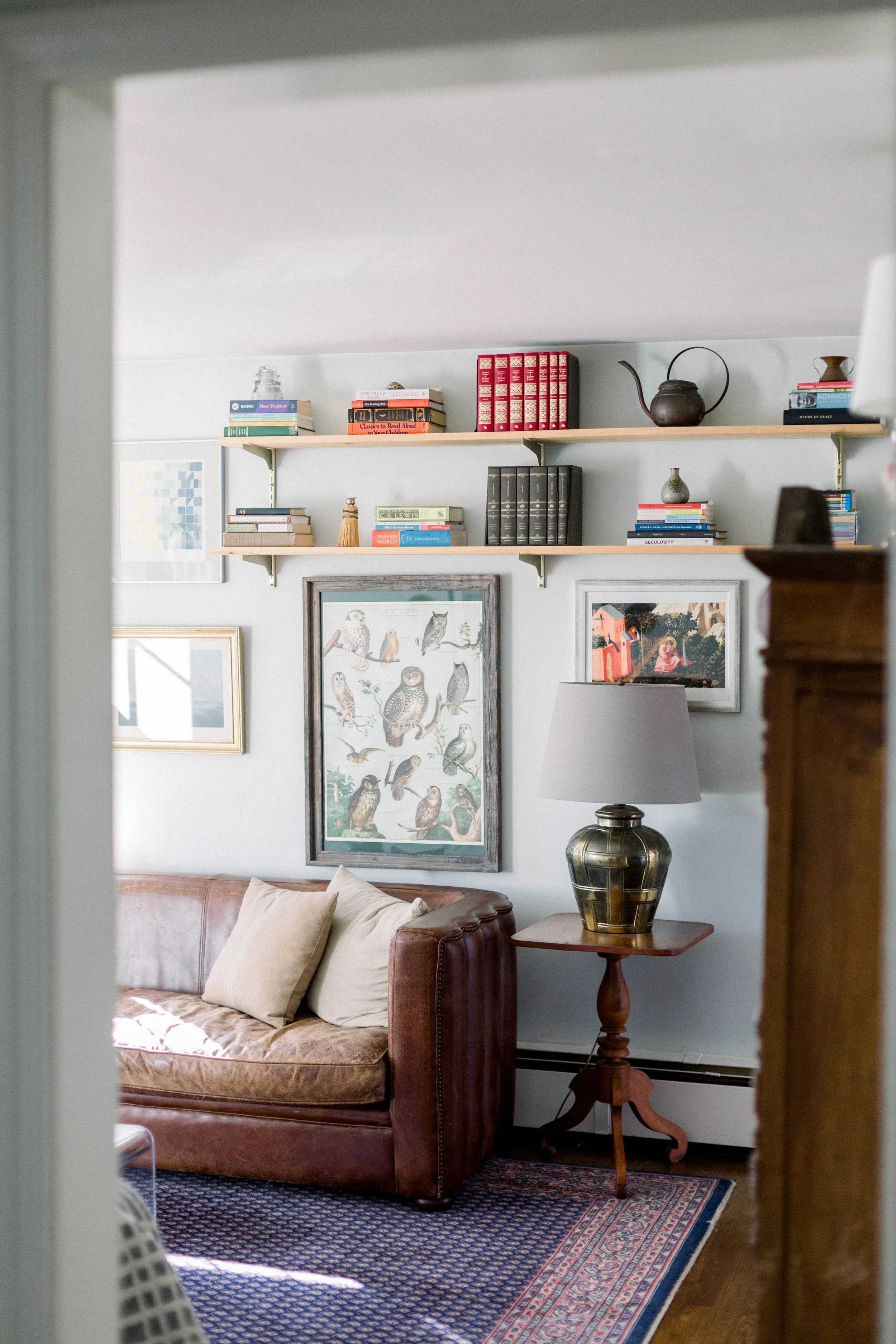 A cozy living room corner with a brown leather sofa, beige pillows, a wooden side table with a lamp, framed bird illustrations and paintings on a white wall, and two wooden shelves filled with books, decorative items, and a teapot.