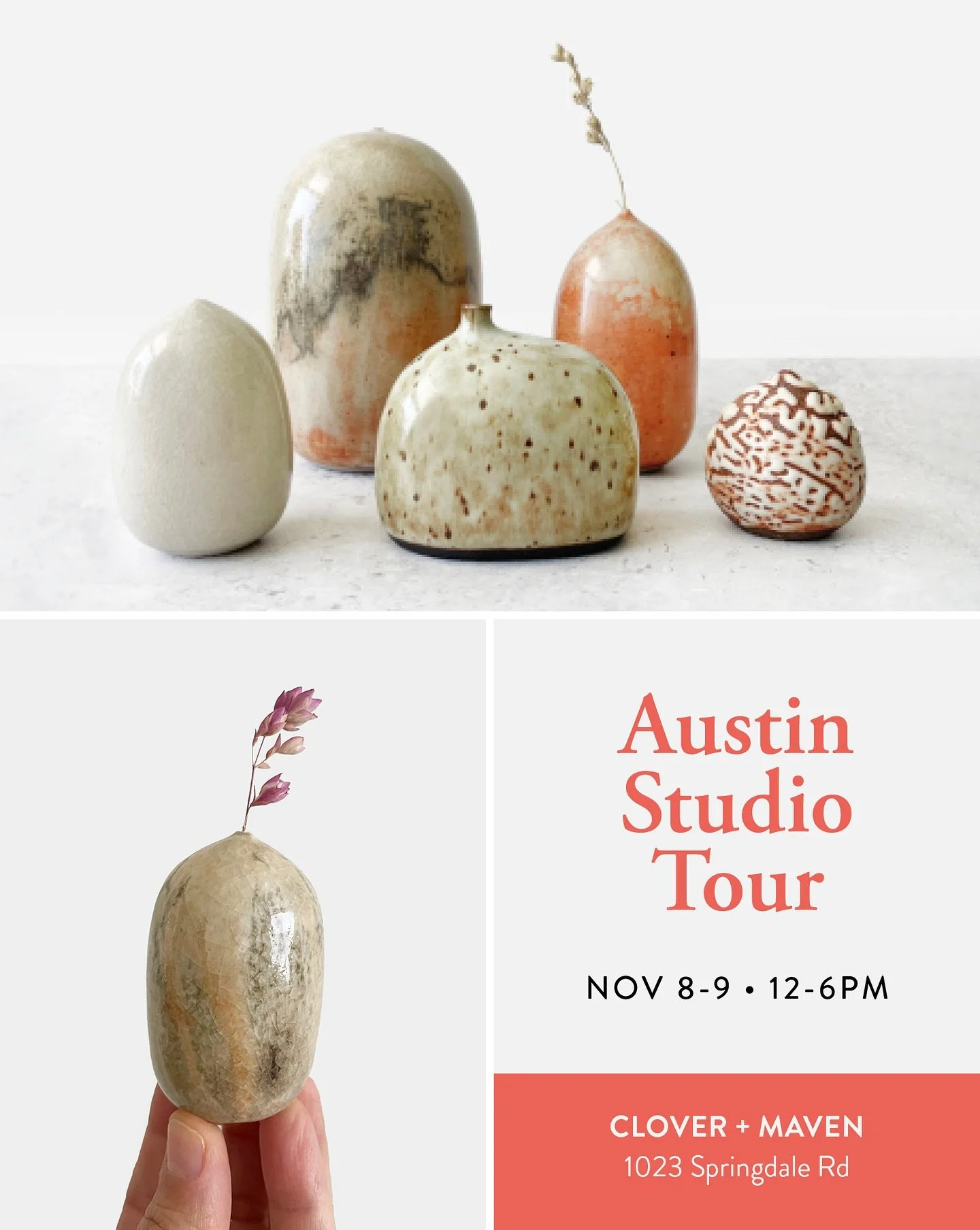 This weekend!

Come see me and a bunch of others at Clover + Maven (Stop 14) for weekend 1 of the Austin Studio Tour. 12-6pm both days.

#austinstudiotour #ceramicartist #modernceramics