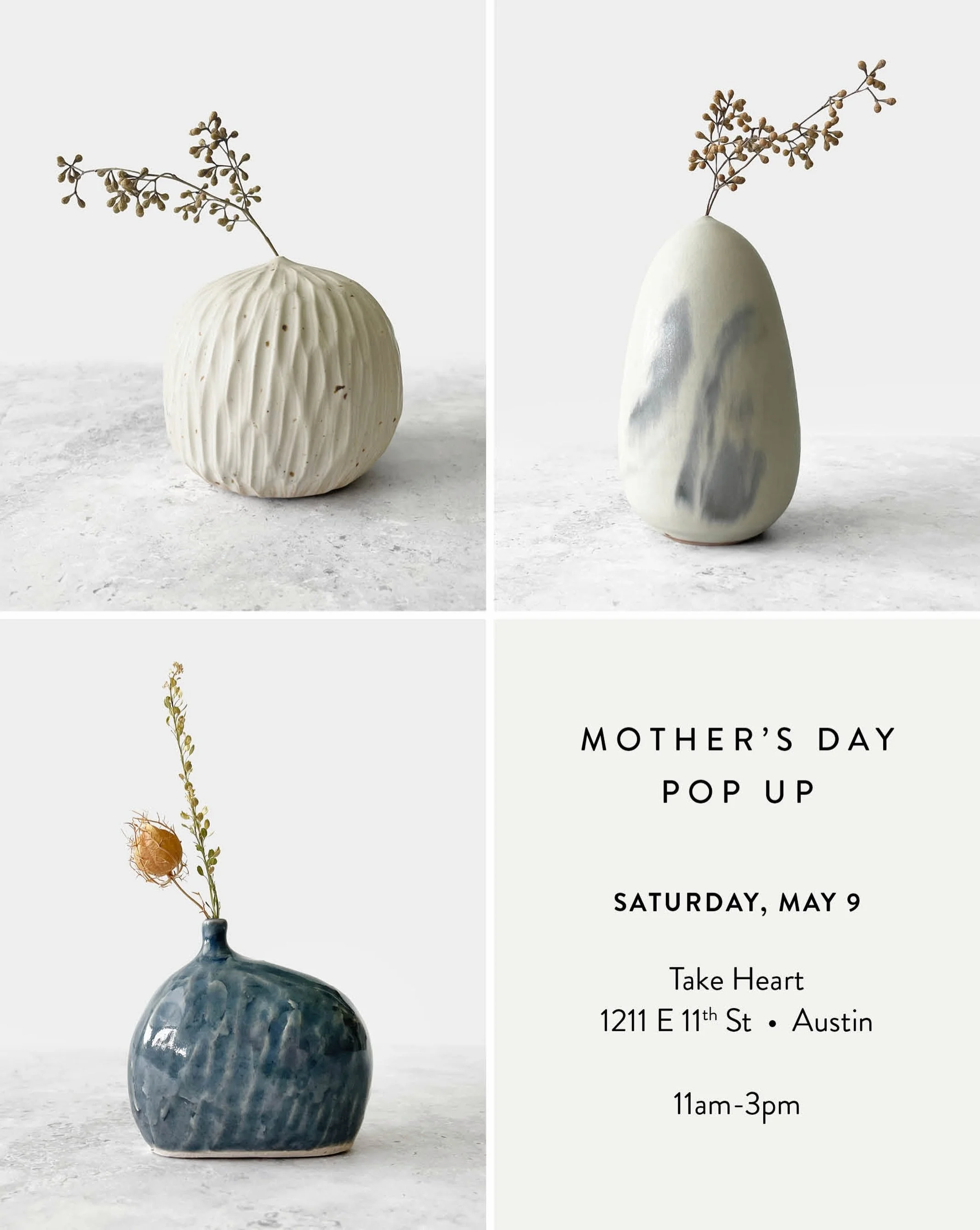 Tomorrow from 11-3pm I&rsquo;ll be popping up @takeheartshop 

The shop will be stocked with a fresh batch of minis and I&rsquo;ll have a bunch of new pieces perfect for the moms in your life (or yourself). 

Hope to see you there!