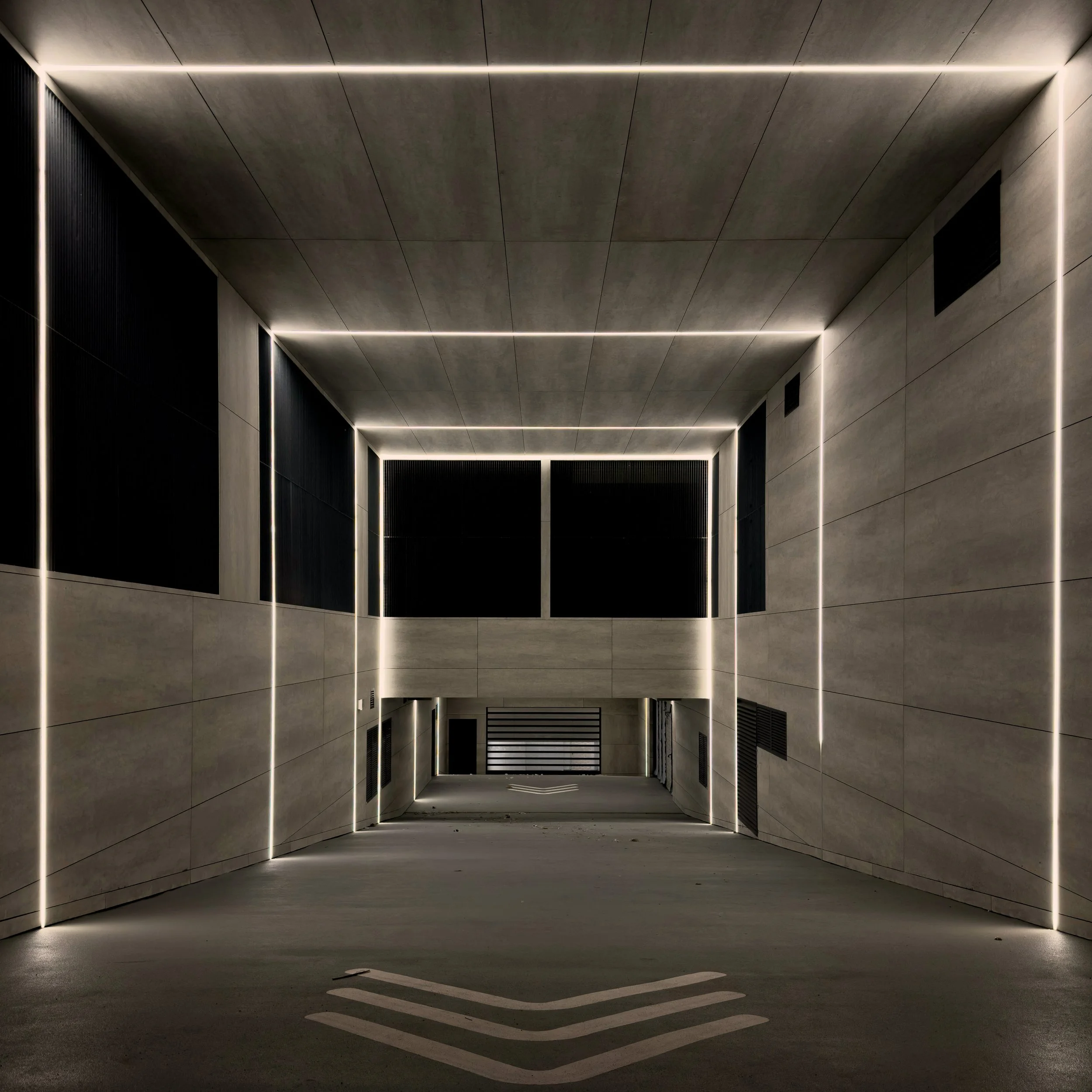 A modern, dimly lit parking garage with LED strip lighting outlining the edges of the walls and ceiling, leading to a dark upper level.