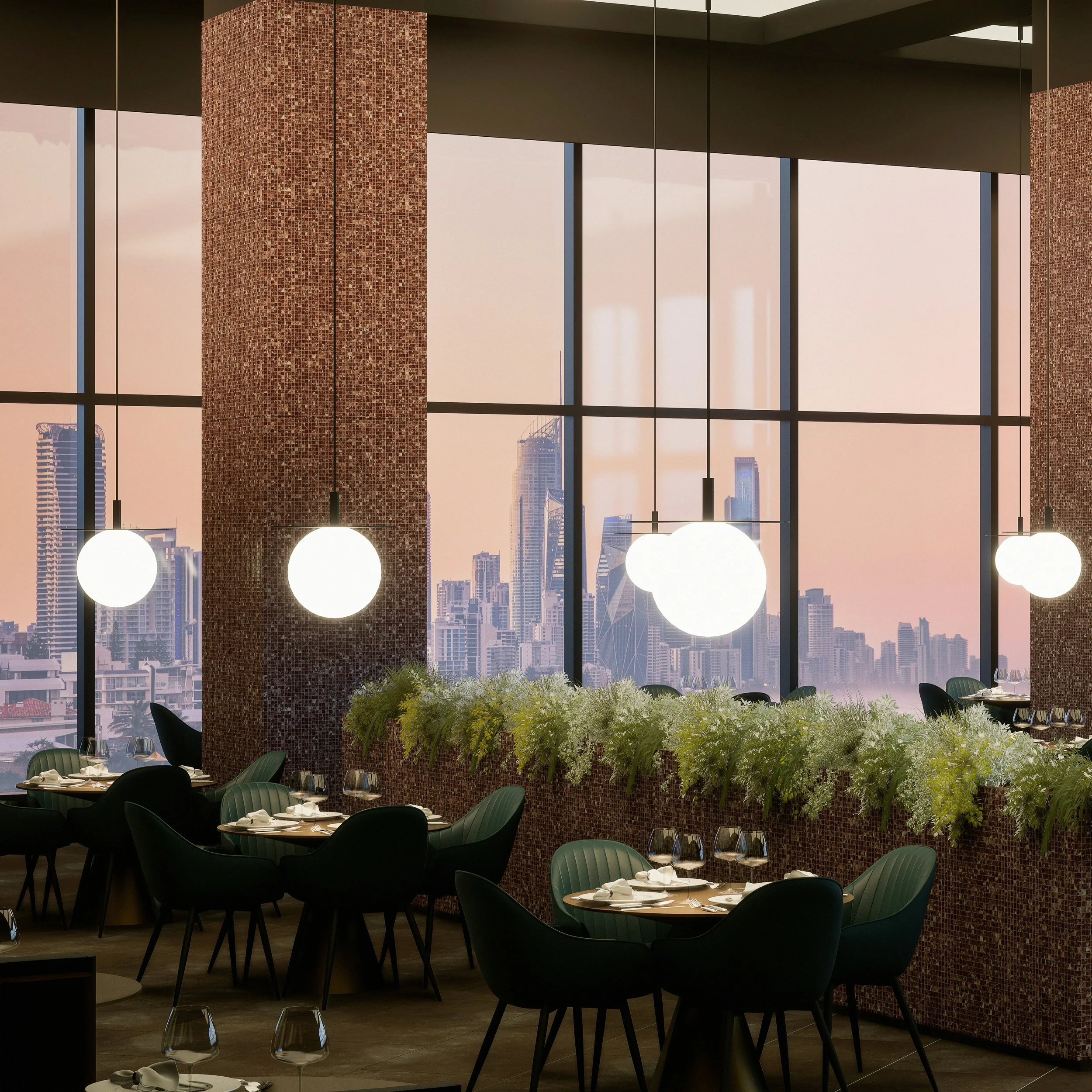 Modern restaurant interior with large glass windows revealing city skyline at sunset, round tables set with glassware and plates, green upholstered chairs, decorative plants along window sill, and spherical pendant lights hanging from ceiling.