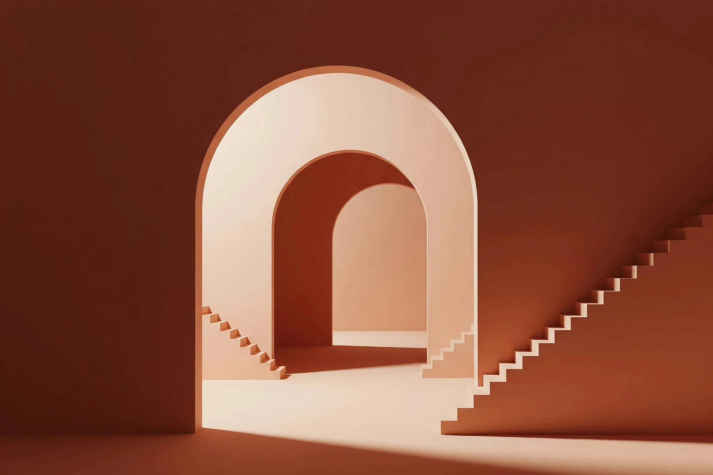 Abstract architectural scene with arched doorways, stairs on both sides, and smooth surfaces in shades of beige and brown.