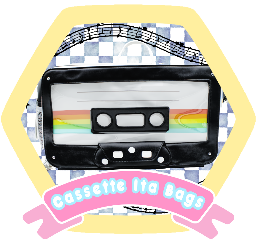 A colorful cassette tape-shaped bag with black trim, displayed on a patterned background with musical notes and a banner reading "Cassette Ita Bags."