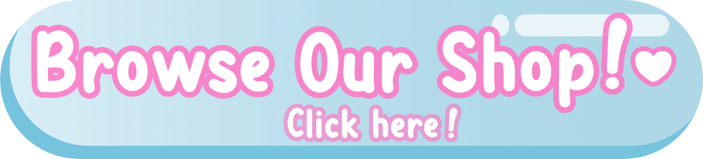 Bright blue website banner with pink and white text that reads, 'Browse Our Shop! ♥ Click here!'
