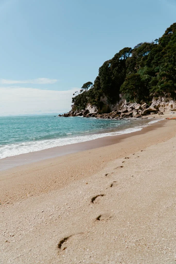 Footprints in golden sand in Abel Tasman National Park