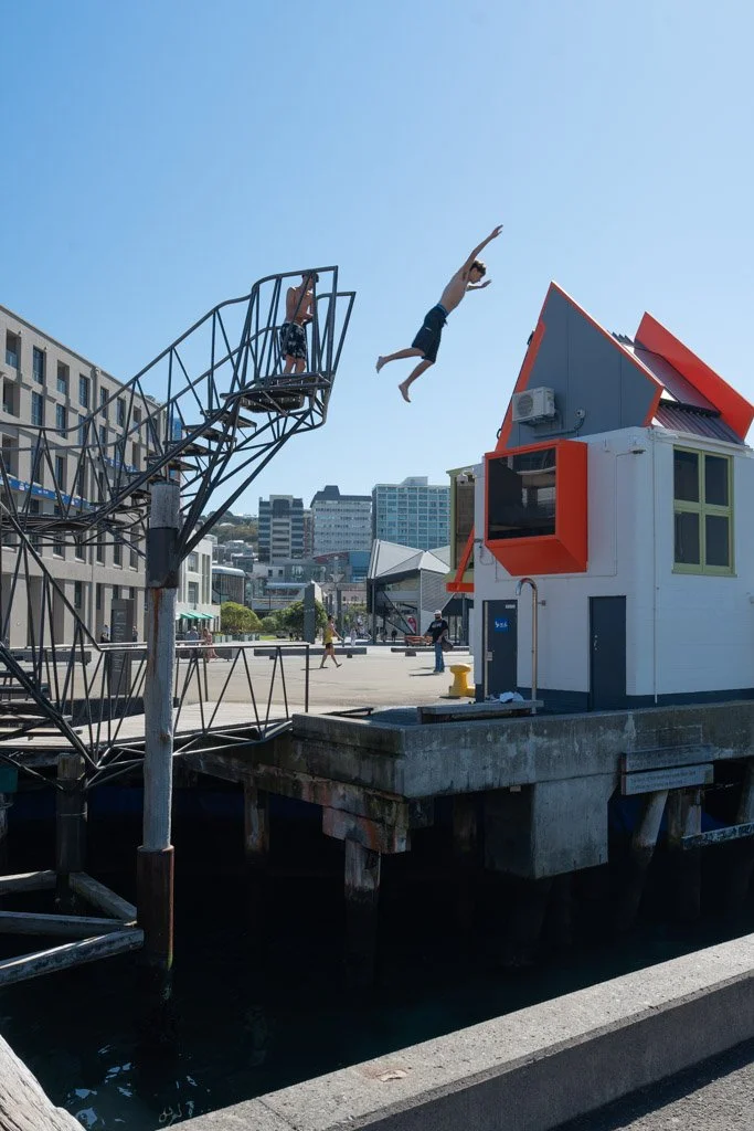 A young man jumps off a high staircase into the water at Wellington's waterfront