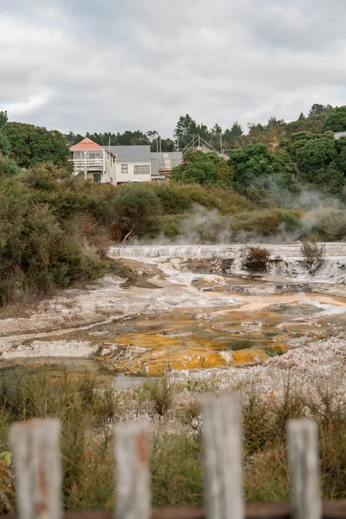 Beyond a wooden stick fence and colourful geothermal field, a house is visible