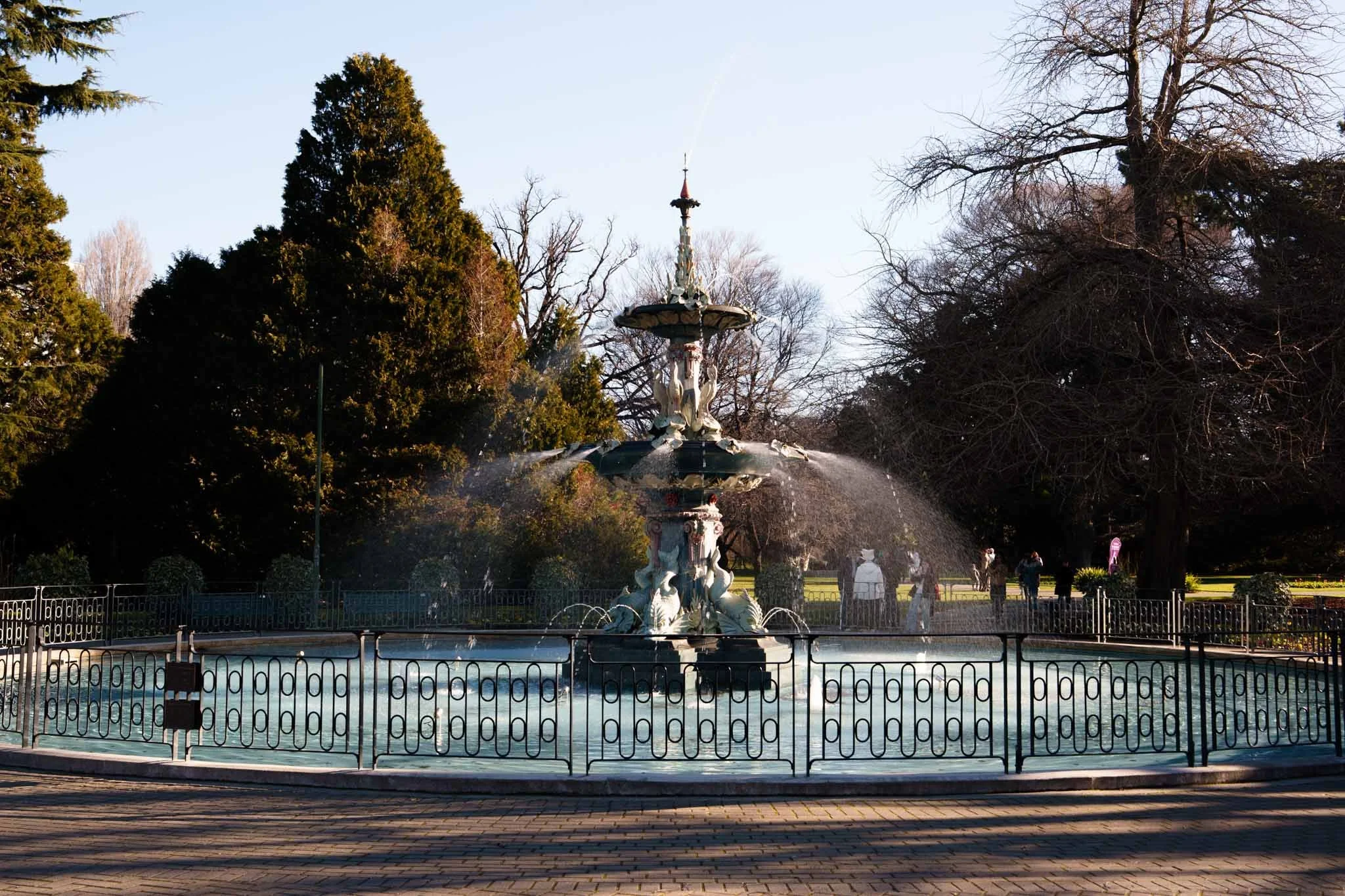 A large fountain at the entrance to Hagley Park in Christchurch