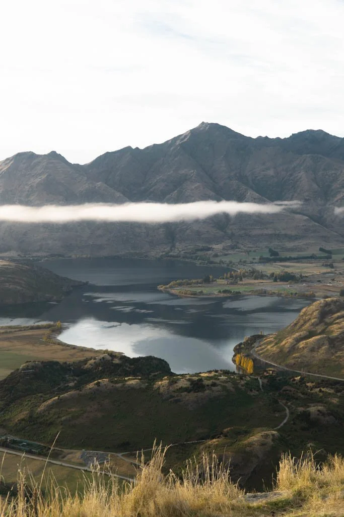 A view of Lake Wanaka and the mountains behind the town from Rocky Mountain summit