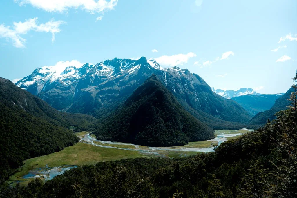 A view of Routeburn Flats from halfway up towards Routeburn Falls