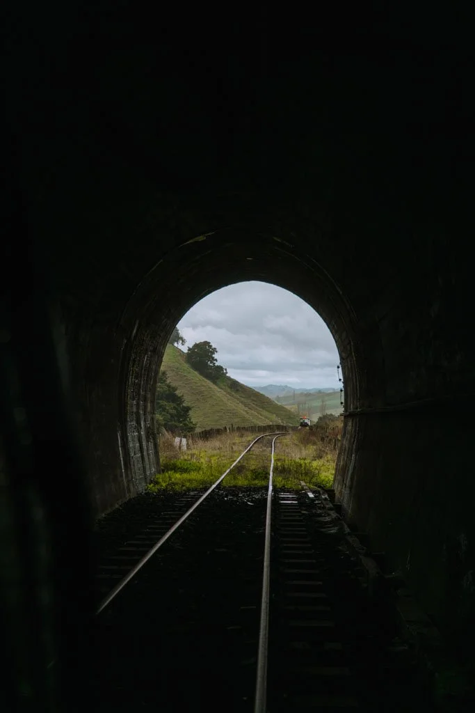 Train tracks lead out of a dark tunnel into green farmland