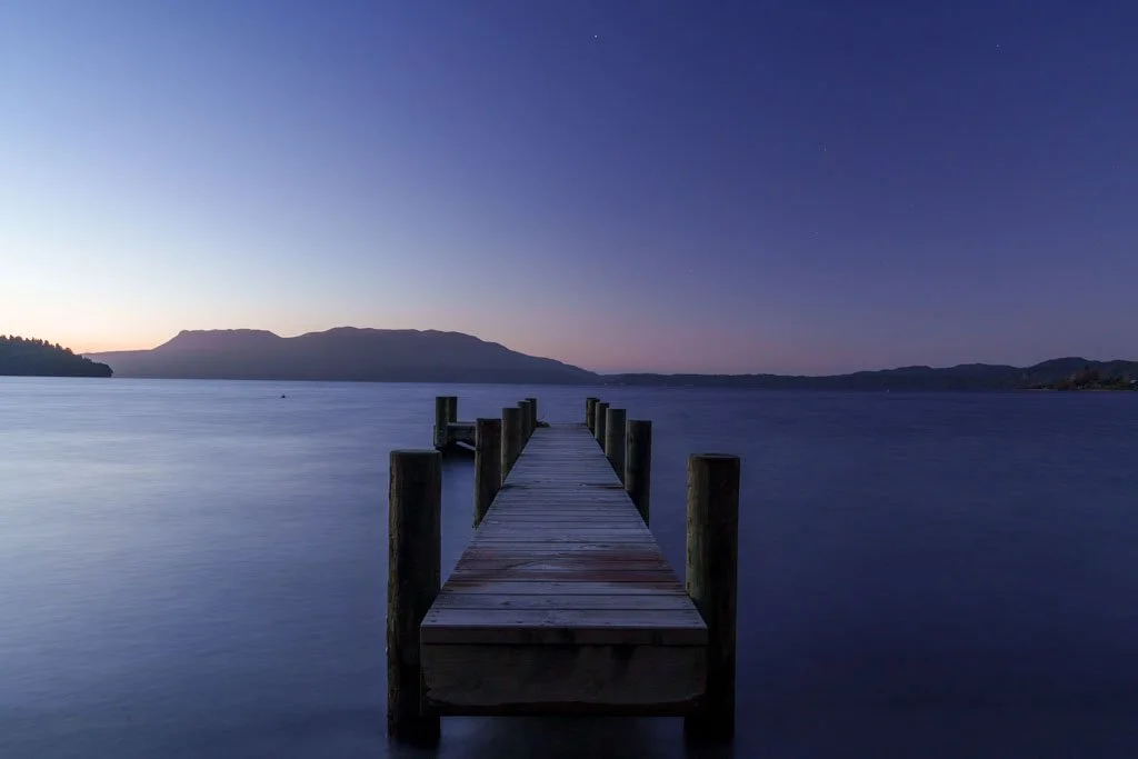 A jetty looking towards Mt Tarawera
