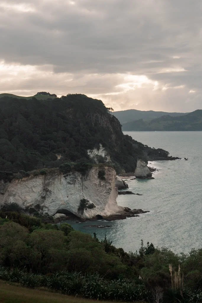 A coastline with pale limestone rock formations sits under a moody sky