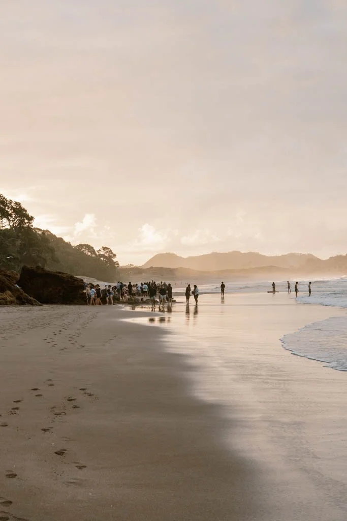 People cluster on the sand around natural hot springs at Hot Water Beach