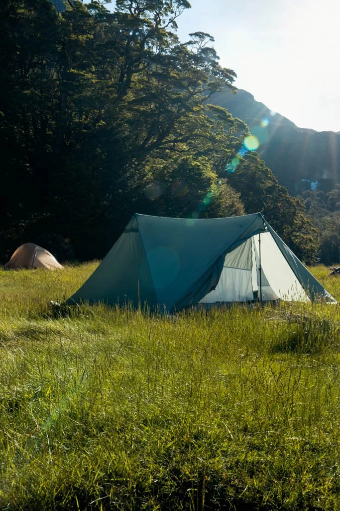 A tent pitched at a grassy campground on the Routeburn Track