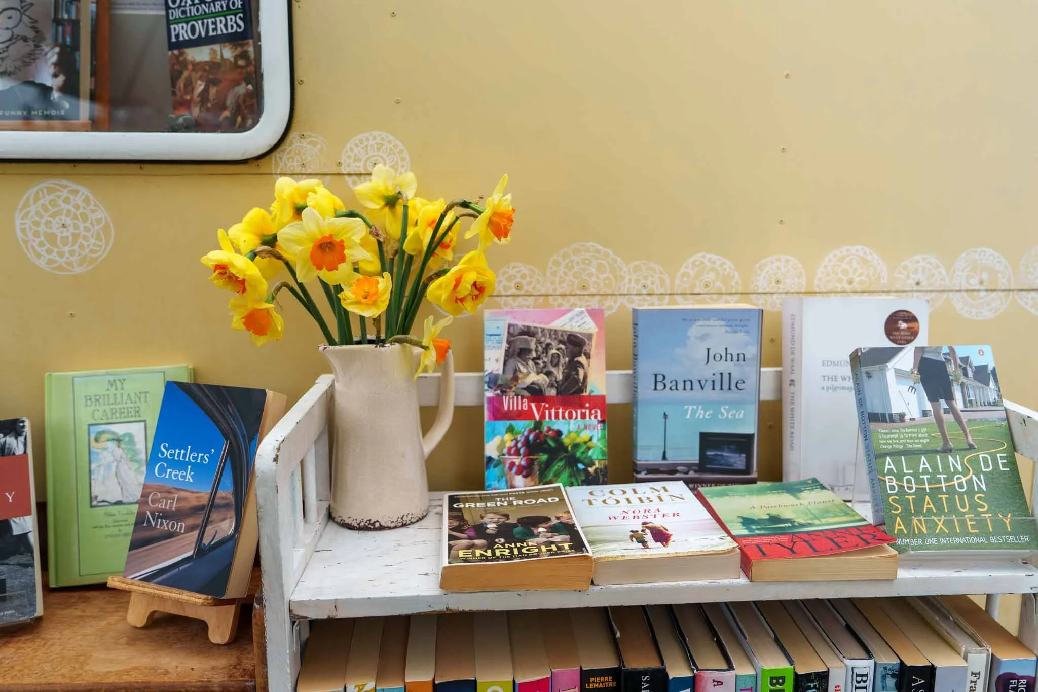 Books on a shelf at the Custard Square bookshop in Christchurch