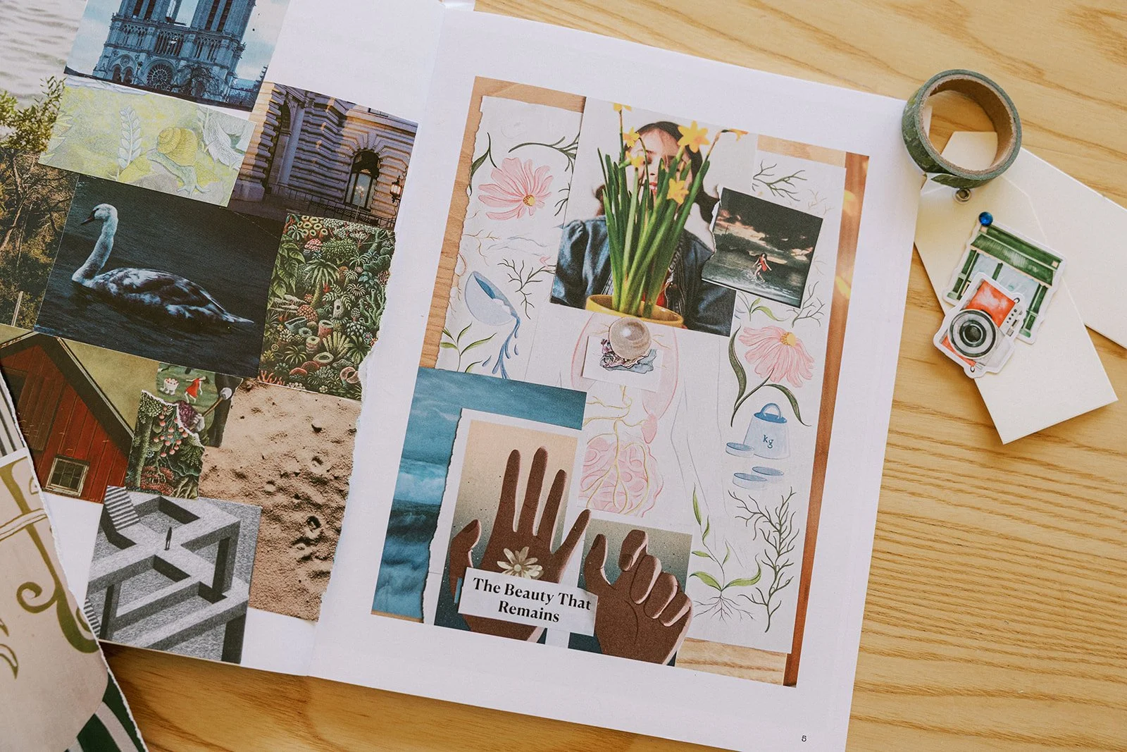 Collage of photos and illustrations on paper  and a quote that says 'The Beauty That Remains', placed on a wooden table with tape and small paper items nearby. Pearl Process in Pearl Journal.