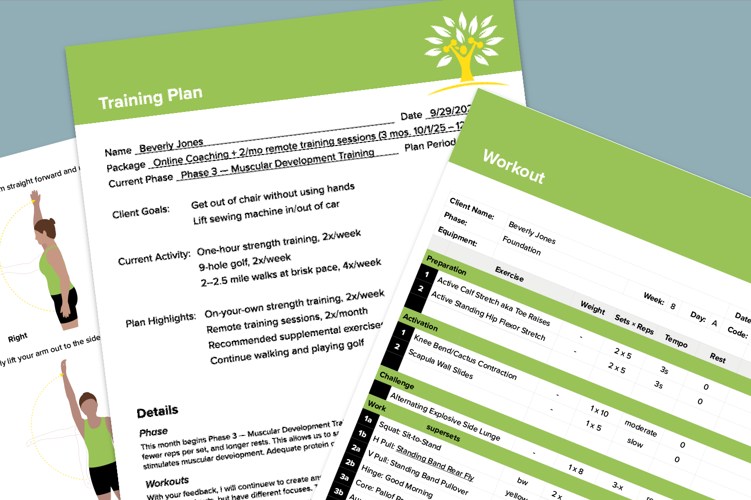 Documents showing a training plan, a workout, and some shoulder exercises