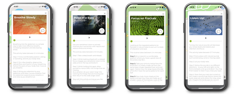 Four smartphones displaying mindfulness activity apps with different exercises: Breathe Slowly, Relax the Eyes, Focus on Fractals, and Listen Up!