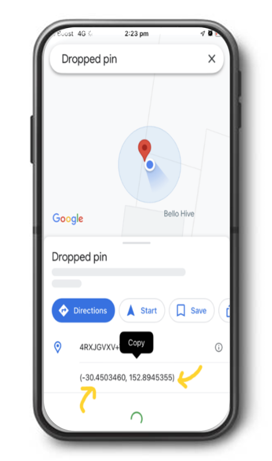 Smartphone displaying Google Maps with a dropped pin and GPS coordinates.