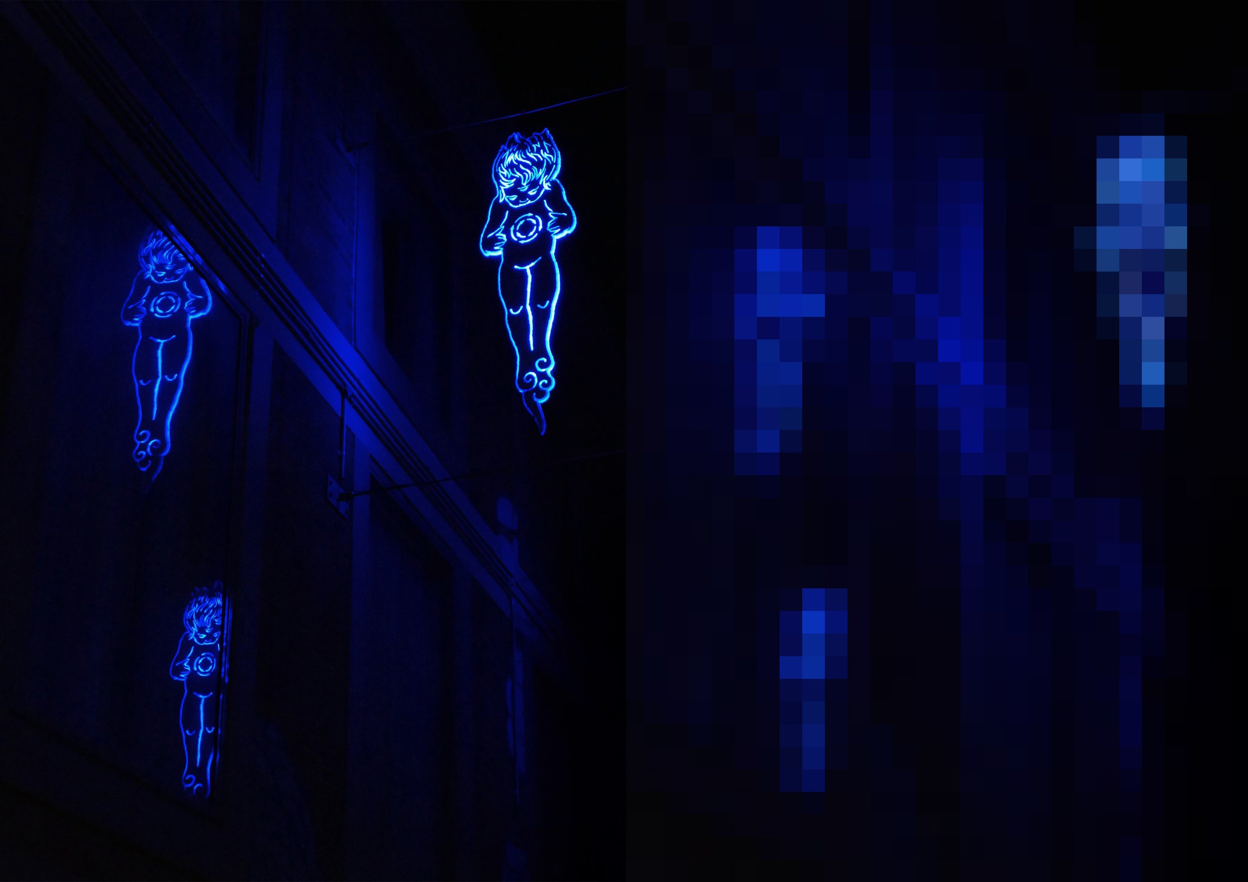 Blue neon art depicting humanoid figures in dark setting