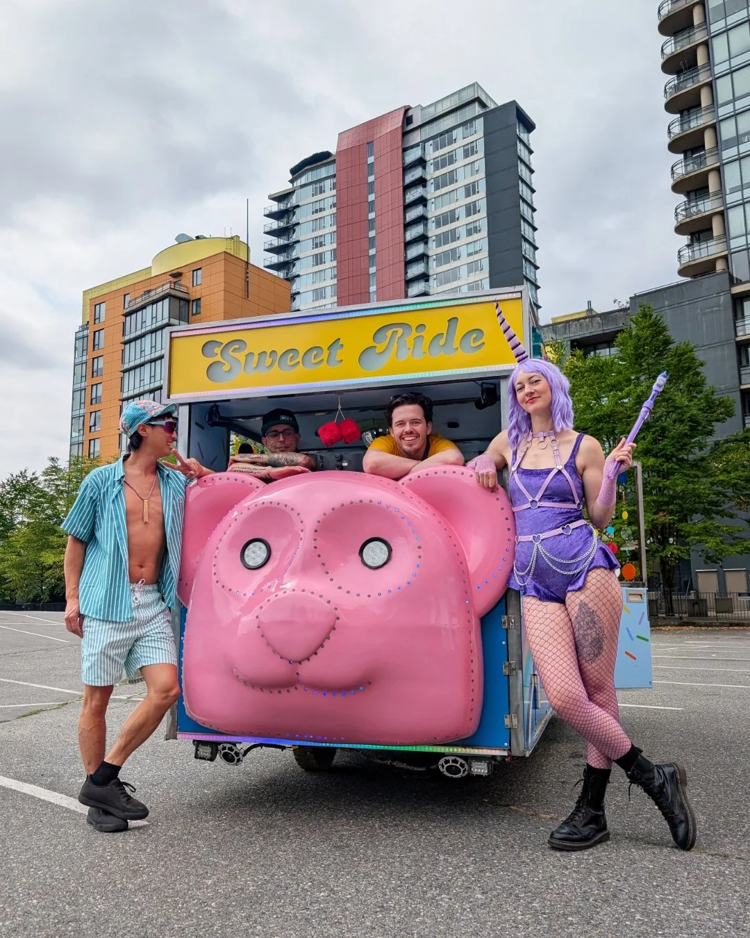 I have one of the coolest jobs. I get to teach at The Egg Arts Society where we make cool art projects like this art car - Sweet Ride.
Us four will teach you how to do things like weld, CNC, sew or program LEDs! With those skills and a community of h