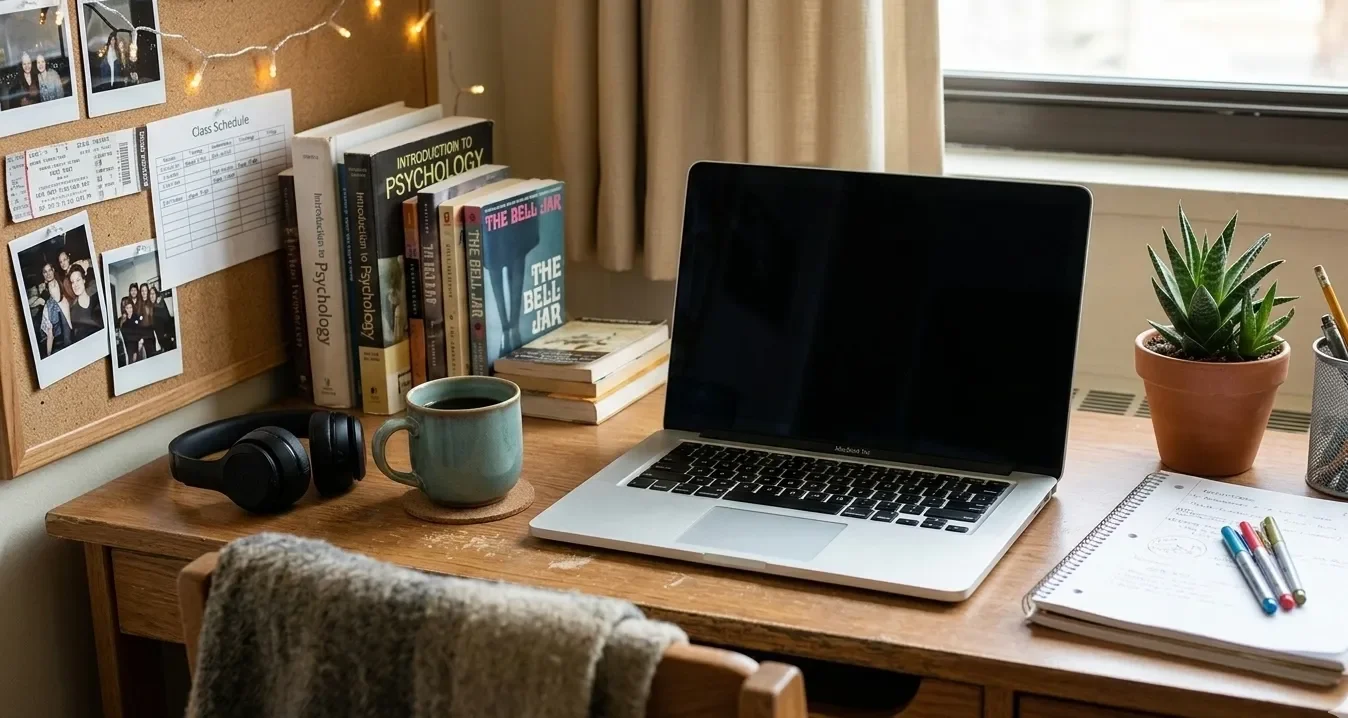 A tidy wooden desk with a laptop, a potted succulent, a notebook with pens, a mug of coffee, a pair of headphones, and books about psychology, next to a corkboard with photos and a glass of fairy lights near a window.