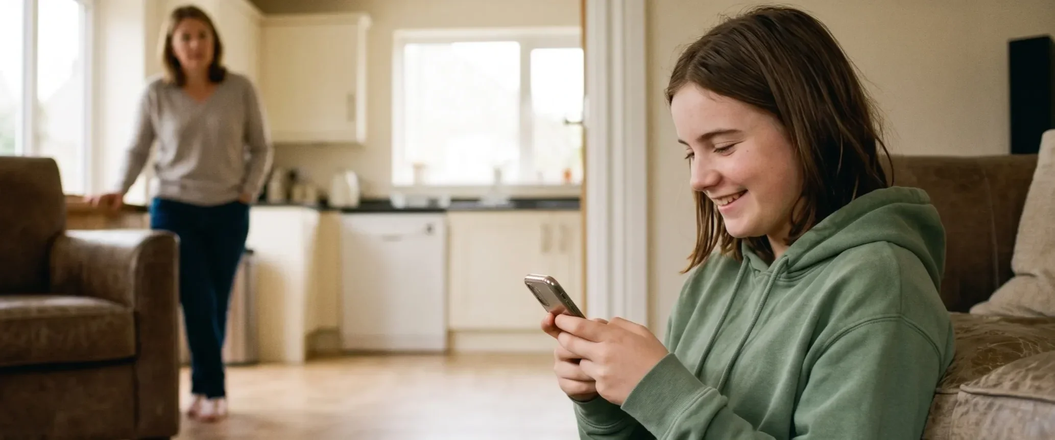 Teenager smiling at her phone while her parent watches from across the living room